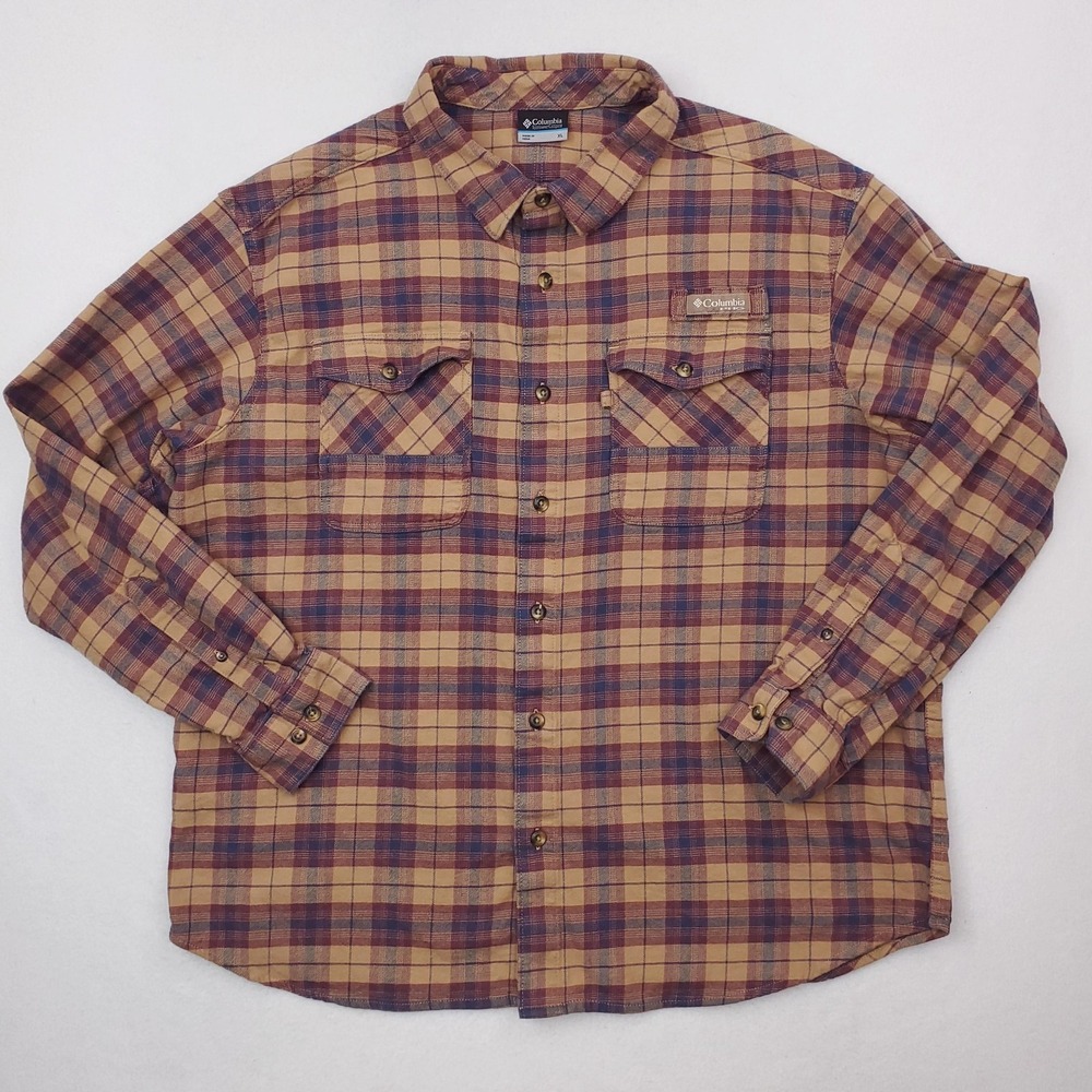 Columbia PHG Shirt Mens XL Tan Red Blue Plaid Flannel Vented Mesh Back Hunting